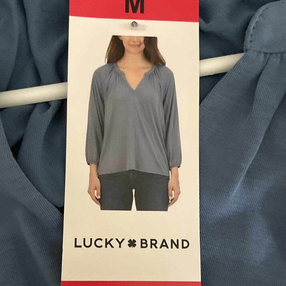 Lucky Brand Women’s Blue Knit V-Neck Pullover Blouse 3/4 Sleeve M